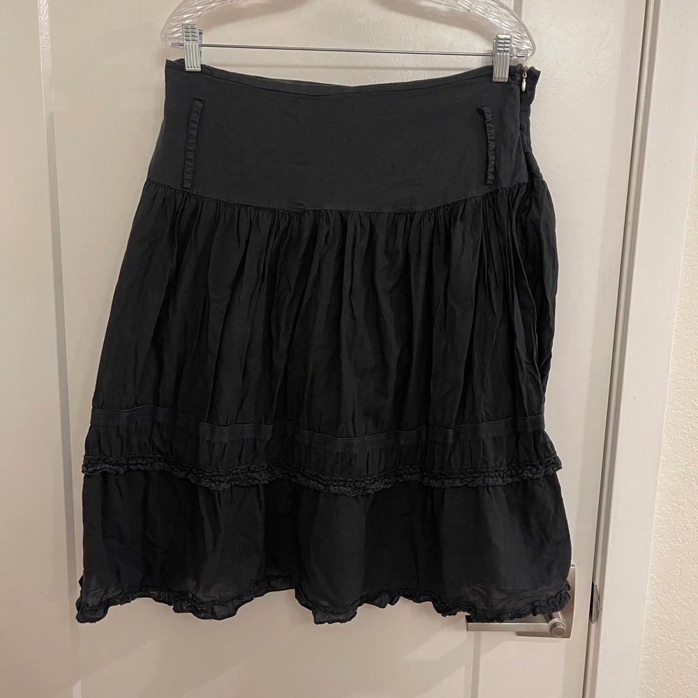 Black Cotton Midi Skirt Ruffles Tiered Country Whimseygoth Fall Chic Boho
